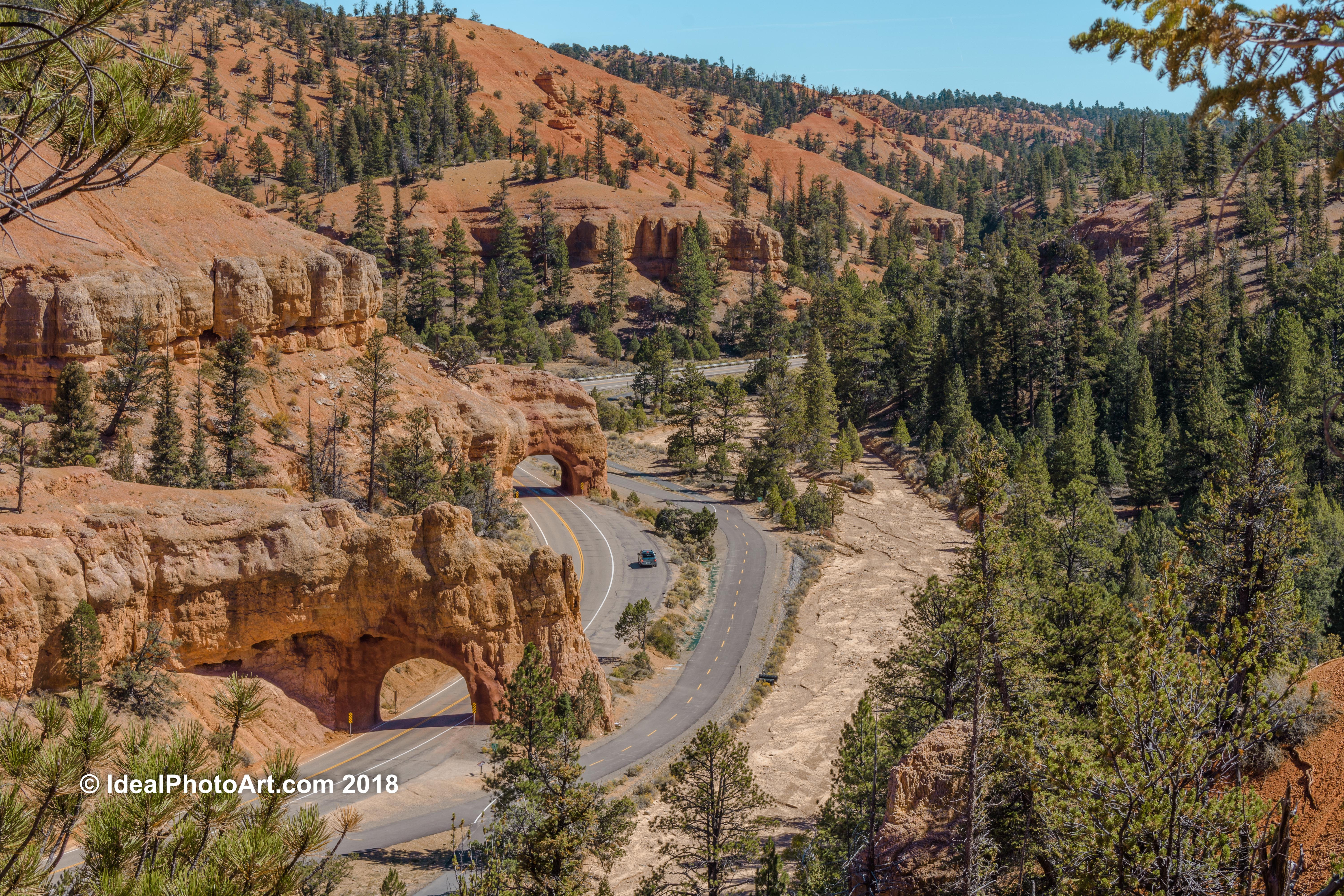 Aerial View of double tunnel on Highway 12 in Red Canyon, Utah,